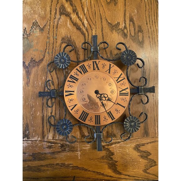 Vintage Copper & Wrought Iron Wall Clock With Roman Numerals & Decorative Fleur- - Picture 1 of 5